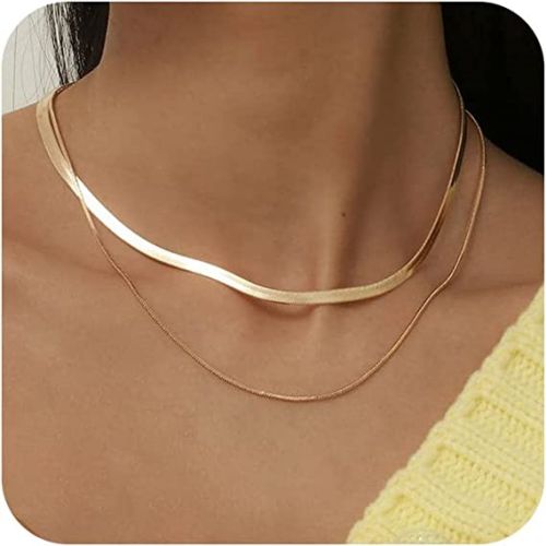 FREEKISS Personalized Jewlry Necklaces 3mm Snake Chain with  1.5mm Herringbone Necklace Gold