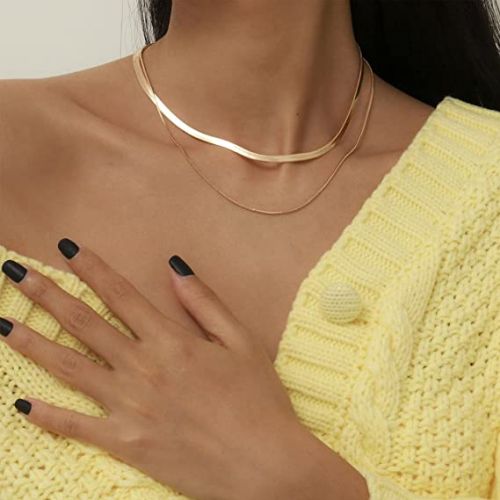 FREEKISS Personalized Jewlry Necklaces 3mm Snake Chain with  1.5mm Herringbone Necklace Gold