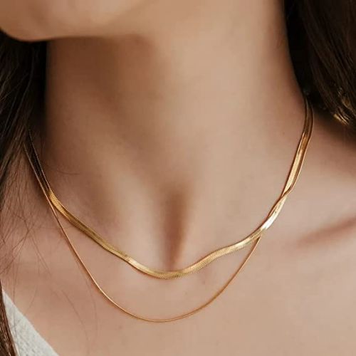 FREEKISS Personalized Jewlry Necklaces 3mm Snake Chain with  1.5mm Herringbone Necklace Gold