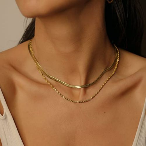 FREEKISS Personalized Jewlry Necklaces 3mm Snake Chain with Rope Chain Necklace Gold