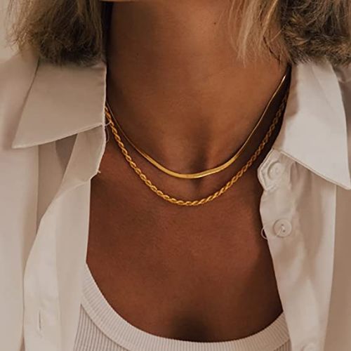 FREEKISS Personalized Jewlry Necklaces 3mm Snake Chain with Rope Chain Necklace Gold