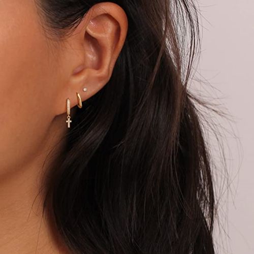 FREEKISS Personalized Jewlry Earrings CZ Diamond Cross Drop & Hoop & Stud Earrings Set Gold
