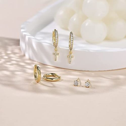 FREEKISS Personalized Jewlry Earrings CZ Diamond Cross Drop & Hoop & Stud Earrings Set Gold