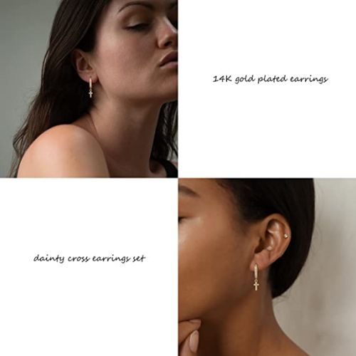 FREEKISS Personalized Jewlry Earrings CZ Diamond Cross Drop & Hoop & Stud Earrings Set Gold