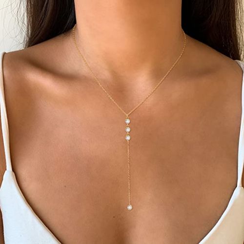 FREEKISS Personalized Jewlry Necklaces CZ Diamonds Lariat Necklace Gold