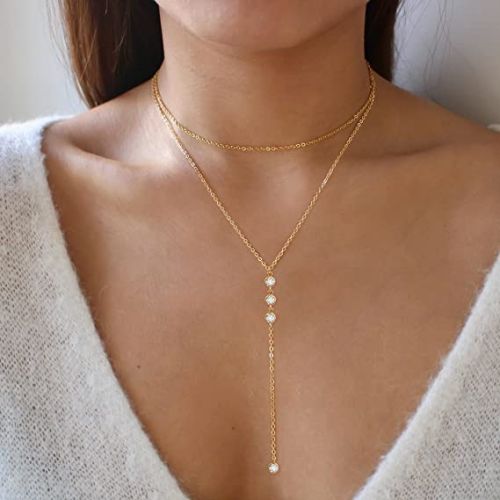 FREEKISS Personalized Jewlry Necklaces CZ Diamonds Lariat Necklace Gold