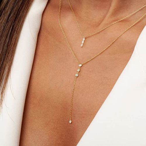 FREEKISS Personalized Jewlry Necklaces CZ Diamonds Lariat Necklace Gold