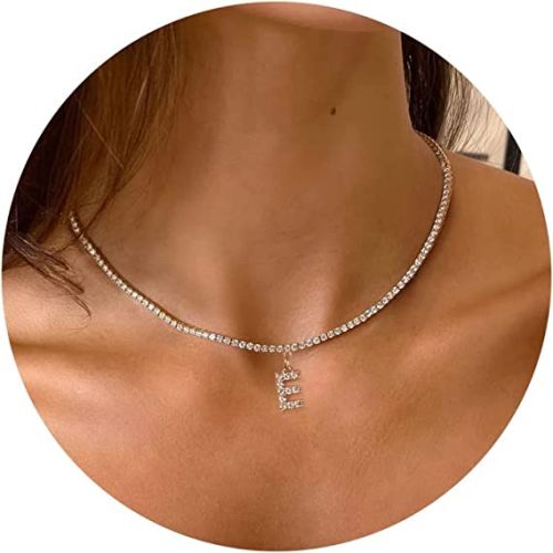 FREEKISS Personalized Jewlry Necklaces Initial Tennis Choker Necklace Gold