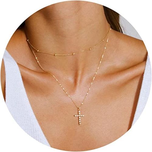 FREEKISS Personalized Jewlry Necklaces Layered Beaded Chain with CZ Cross Pendant Necklace Gold