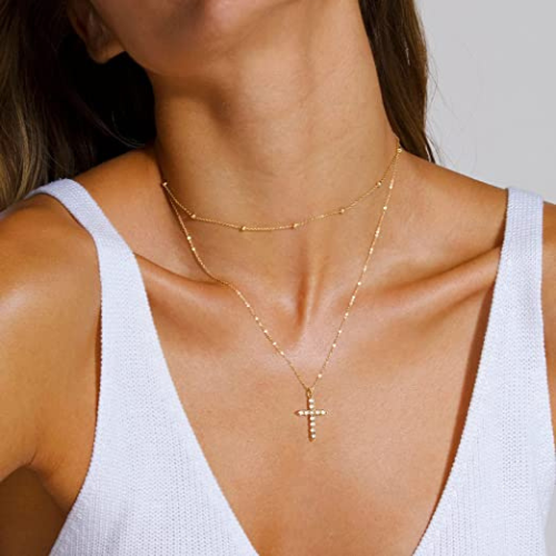 FREEKISS Personalized Jewlry Necklaces Layered Beaded Chain with CZ Cross Pendant Necklace Gold