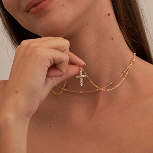 FREEKISS Personalized Jewlry Necklaces Layered Beaded Chain with CZ Cross Pendant Necklace Gold