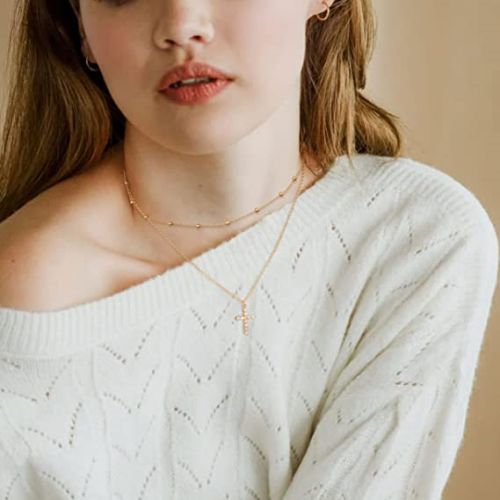 FREEKISS Personalized Jewlry Necklaces Layered Beaded Chain with CZ Cross Pendant Necklace Gold