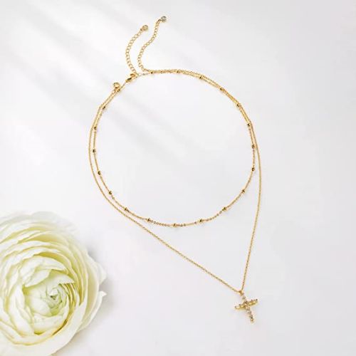 FREEKISS Personalized Jewlry Necklaces Layered Beaded Chain with CZ Cross Pendant Necklace Gold