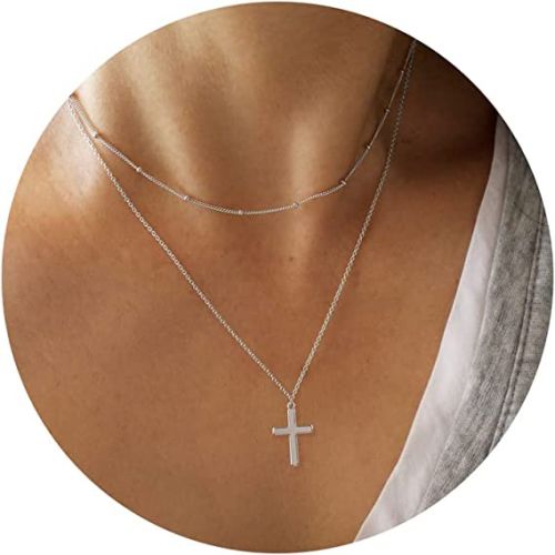 FREEKISS Personalized Jewlry Necklaces Layered Beaded Chain with Cross Necklace Silver