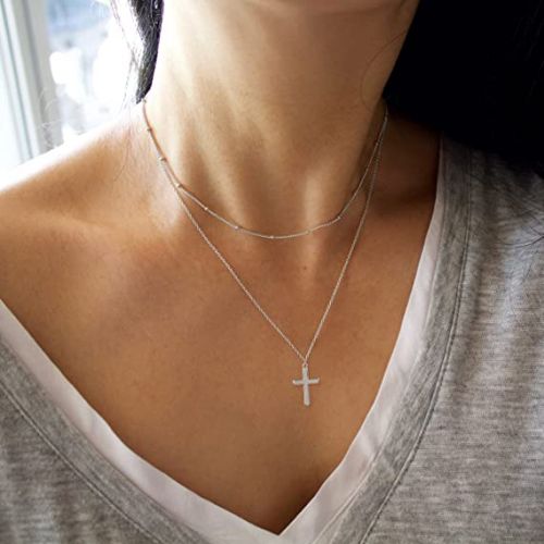 FREEKISS Personalized Jewlry Necklaces Layered Beaded Chain with Cross Necklace Silver