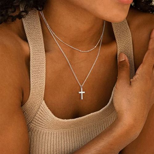 FREEKISS Personalized Jewlry Necklaces Layered Beaded Chain with Cross Necklace Silver