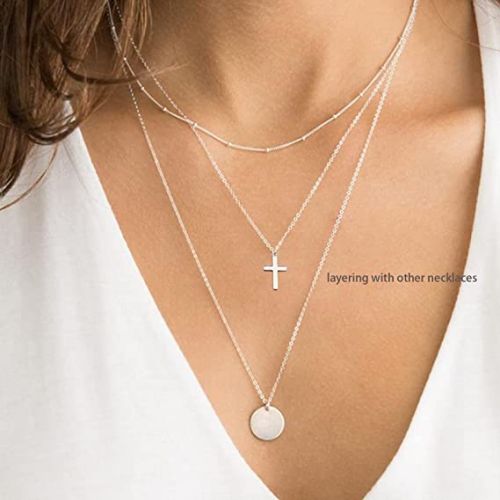 FREEKISS Personalized Jewlry Necklaces Layered Beaded Chain with Cross Necklace Silver