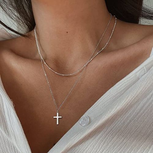 FREEKISS Personalized Jewlry Necklaces Layered Beaded Chain with Cross Necklace Silver