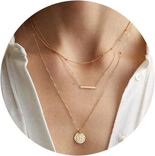 FREEKISS Personalized Jewlry Necklaces Layered Beaded & Bar & Disc Necklace Gold