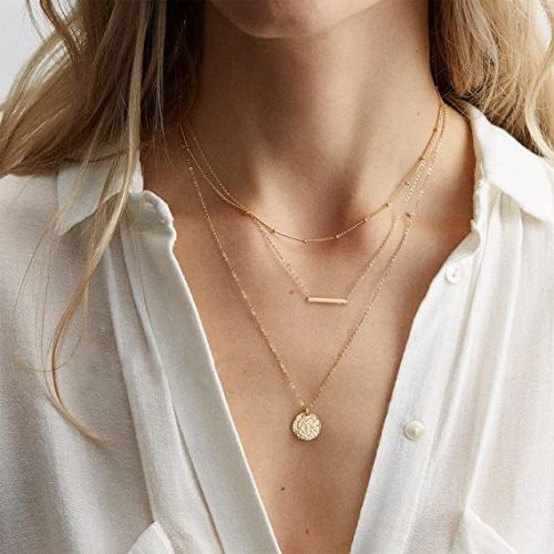 FREEKISS Personalized Jewlry Necklaces Layered Beaded & Bar & Disc Necklace Gold