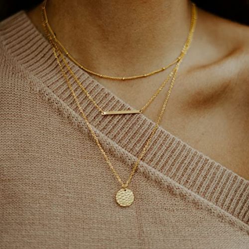 FREEKISS Personalized Jewlry Necklaces Layered Beaded & Bar & Disc Necklace Gold