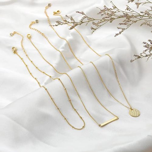 FREEKISS Personalized Jewlry Necklaces Layered Beaded & Bar & Disc Necklace Gold