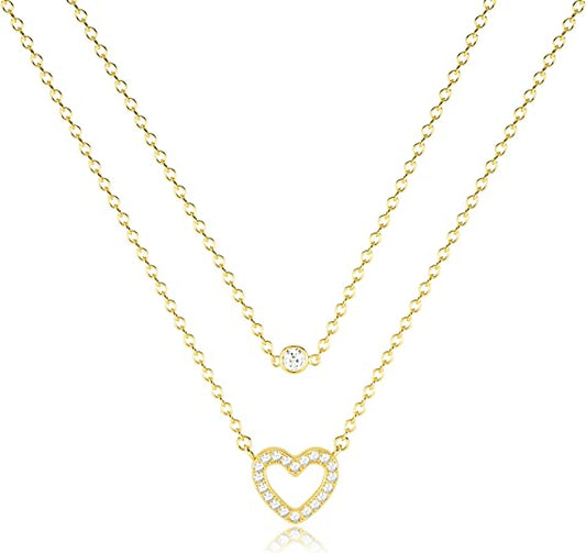FREEKISS Personalized Jewlry Necklaces Layered CZ Open Heart Necklace Gold