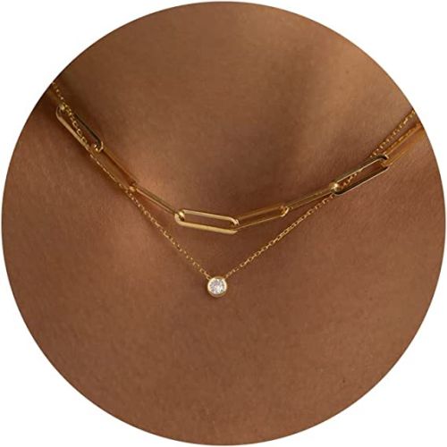 FREEKISS Personalized Jewlry Necklaces Layered Paperclip Choker with CZ Diamond Necklace Gold