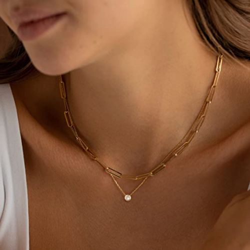 FREEKISS Personalized Jewlry Necklaces Layered Paperclip Choker with CZ Diamond Necklace Gold