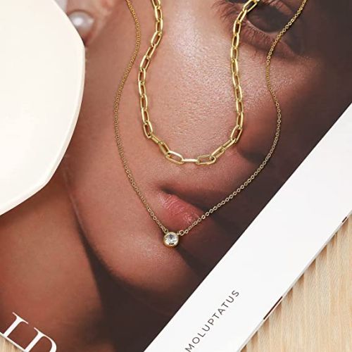 FREEKISS Personalized Jewlry Necklaces Layered Paperclip Choker with CZ Diamond Necklace Gold