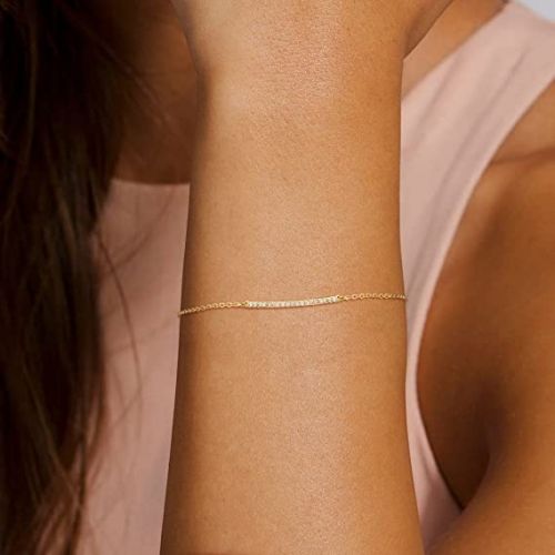 FREEKISS Personalized Jewlry Bracelets Paperclip Chain with CZ Bar Bracelets Gold