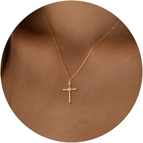 FREEKISS Personalized Jewlry Necklaces Small CZ Cross Pendant Necklace Gold
