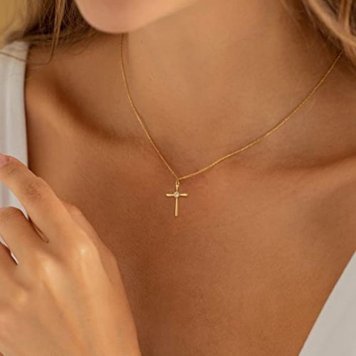 FREEKISS Personalized Jewlry Necklaces Small CZ Cross Pendant Necklace Gold