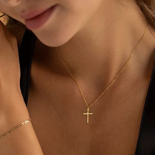 FREEKISS Personalized Jewlry Necklaces Small CZ Cross Pendant Necklace Gold