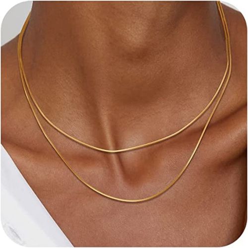 FREEKISS Personalized Jewlry Two Layered Herringbone Chain Necklace Gold