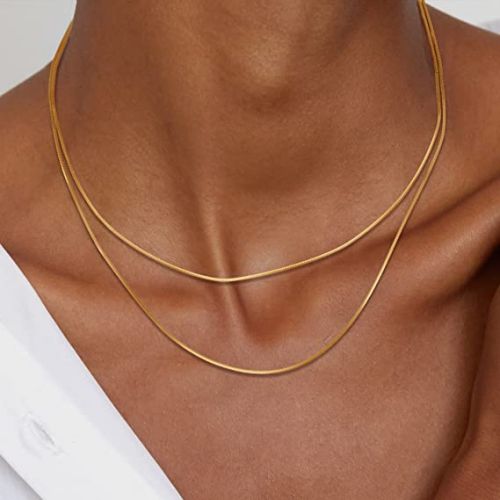 FREEKISS Personalized Jewlry Two Layered Herringbone Chain Necklace Gold