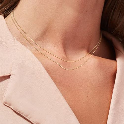 FREEKISS Personalized Jewlry Two Layered Herringbone Chain Necklace Gold