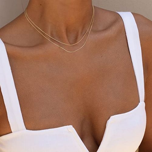 FREEKISS Personalized Jewlry Two Layered Herringbone Chain Necklace Gold