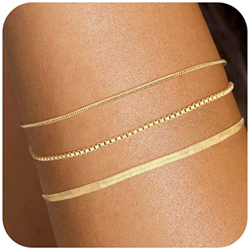 FREEKISS Personalized Jewlry Bracelet Two Snake Chain with One Box Chain Bracelet Gold