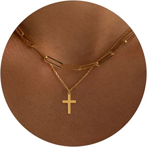 FREEKISS Personalized Jewlry Necklaces Layered Paperclip Cross Pendant Necklace Gold