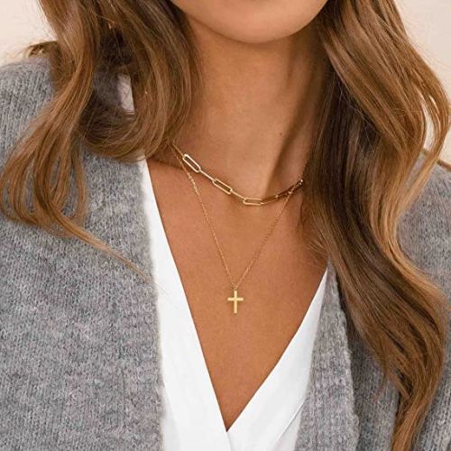 FREEKISS Personalized Jewlry Necklaces Layered Paperclip Cross Pendant Necklace Gold