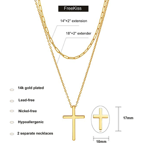 FREEKISS Personalized Jewlry Necklaces Layered Paperclip Cross Pendant Necklace Gold