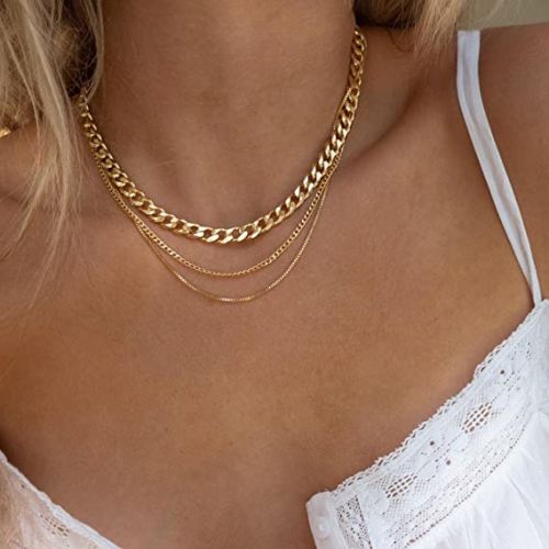 FREEKISS Personalized Jewlry Necklaces Multi Layered Thick Cuban Link Necklaces Gold