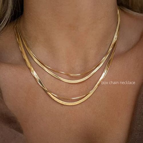 FREEKISS Personalized Jewlry Necklaces Multi Layered Box Chain Necklaces Gold