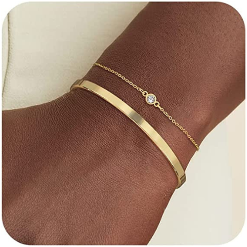 Adjustable Cuff with CZ Diamond Stacked Bracelets