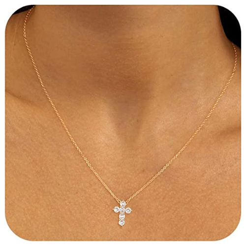 FREEKISS Personalized Jewlry Necklaces CZ Diamond Simple Cross Necklace Gold