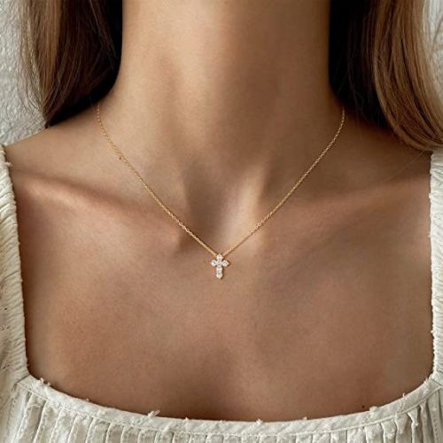 FREEKISS Personalized Jewlry Necklaces CZ Diamond Simple Cross Necklace Gold