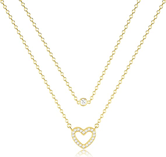 FREEKISS Personalized Jewlry Necklaces Layered CZ Open Heart Necklace Gold