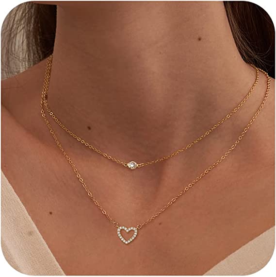 FREEKISS Personalized Jewlry Necklaces Layered CZ Open Heart Necklace Gold