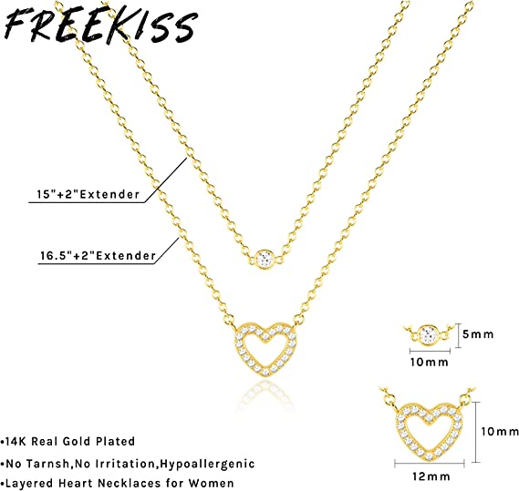 FREEKISS Personalized Jewlry Necklaces Layered CZ Open Heart Necklace Gold